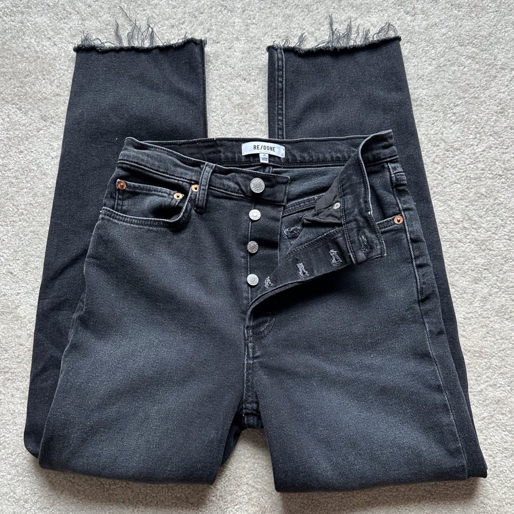 Re/Done High Rise Button Fly Raw Hem Black Jeans